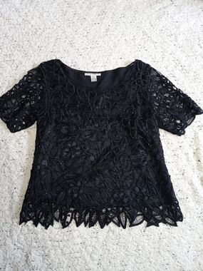 Silken Poetry Black Lace Crochet Short Sleeve Top Size M
